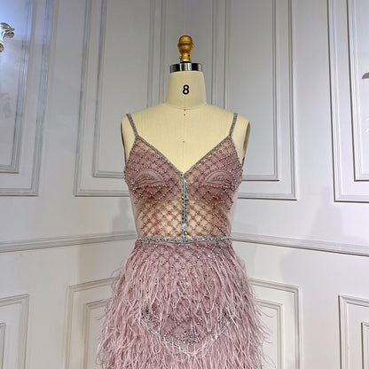 Serene Hill Arabic Pink Mermaid Split Feathers Beaded Formal Sexy Prom Dress For Women Wedding Party 2025 LA71827 - SERENE HILL