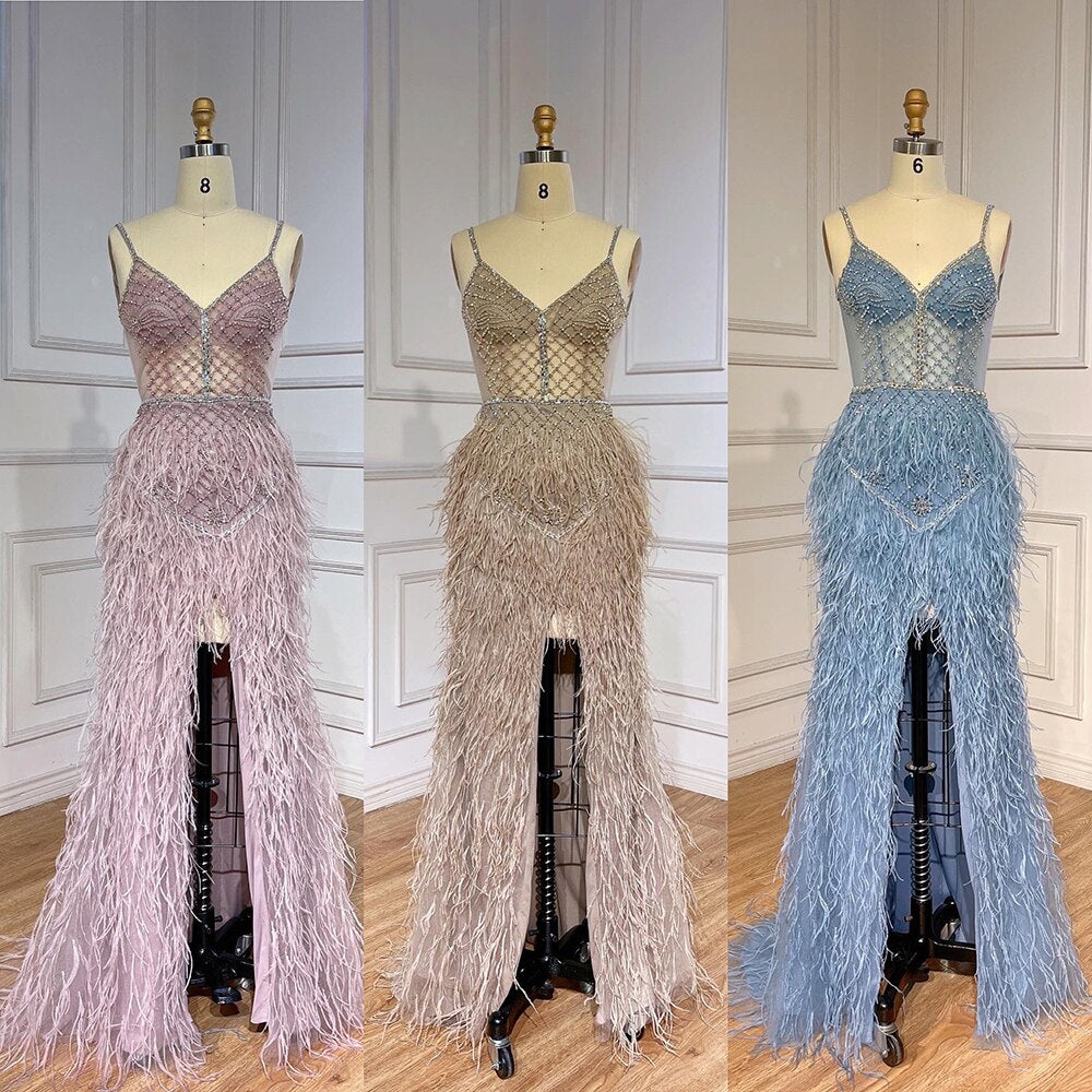 Serene Hill Arabic Pink Mermaid Split Feathers Beaded Formal Sexy Prom Dress For Women Wedding Party 2025 LA71827 - SERENE HILL