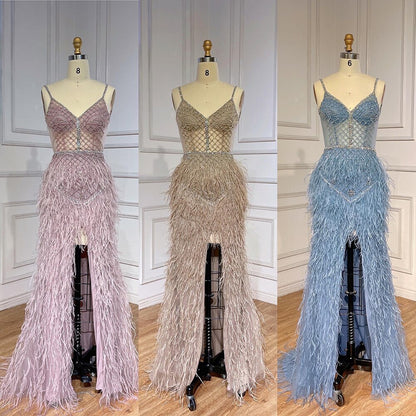 Serene Hill Arabic Pink Mermaid Split Feathers Beaded Formal Sexy Prom Dress For Women Wedding Party 2025 LA71827 - SERENE HILL