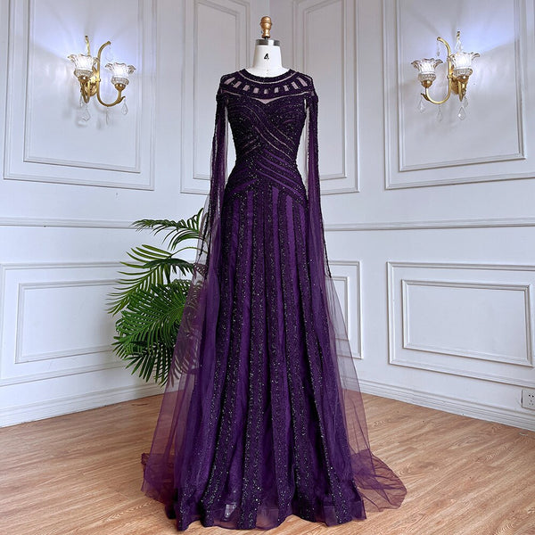 Serene Hill Arabic Purple Elegant Mermaid Cape Sleeves Lace Beaded Evening Dresses Gowns 2025 For Women Wedding Party LA71926