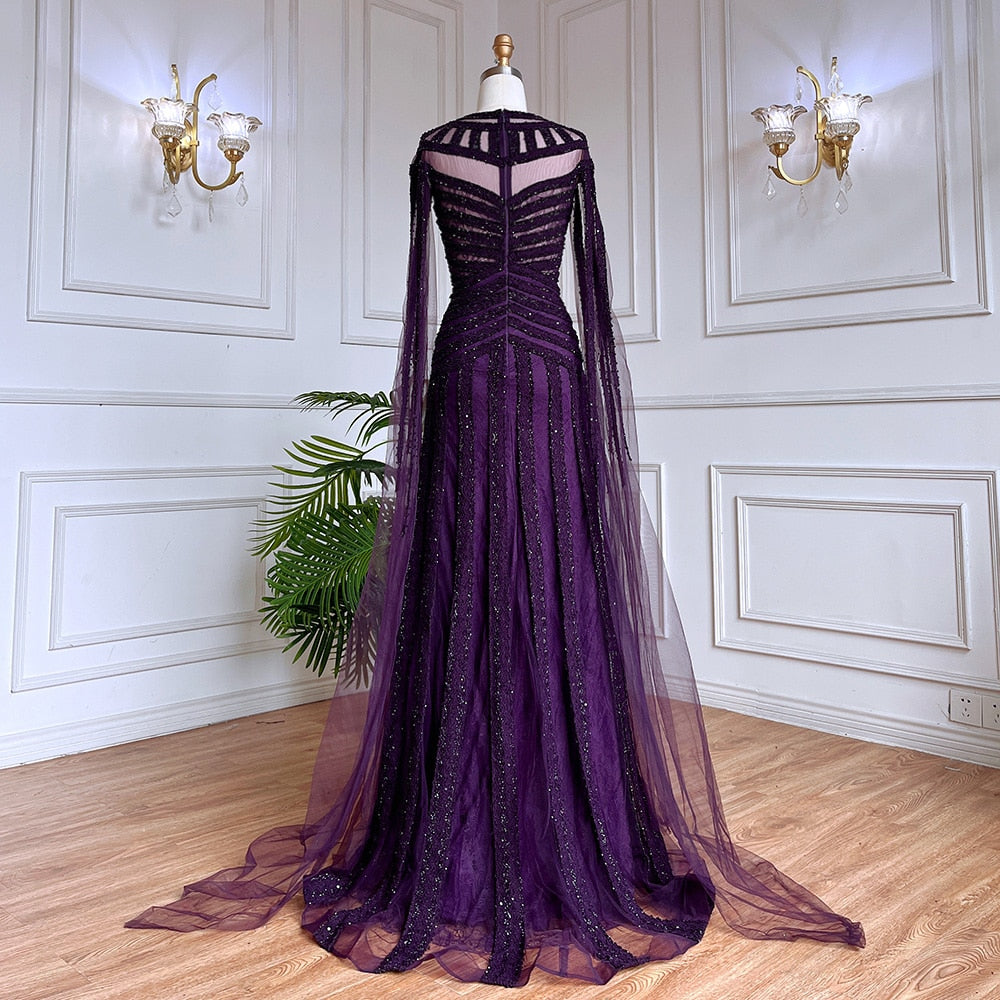 Serene Hill Arabic Purple Elegant Mermaid Cape Sleeves Lace Beaded Evening Dresses Gowns 2025 For Women Wedding Party LA71926 - SERENE HILL