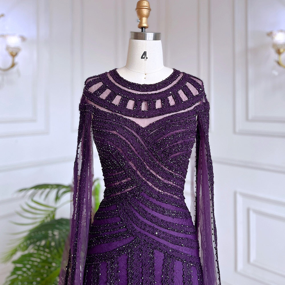 Serene Hill Arabic Purple Elegant Mermaid Cape Sleeves Lace Beaded Evening Dresses Gowns 2025 For Women Wedding Party LA71926 - SERENE HILL