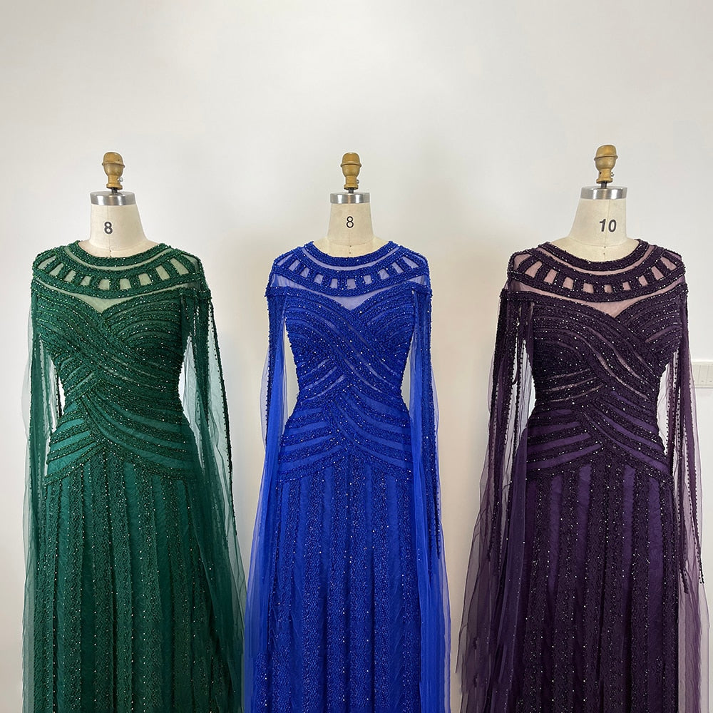 Serene Hill Arabic Purple Elegant Mermaid Cape Sleeves Lace Beaded Evening Dresses Gowns 2025 For Women Wedding Party LA71926 - SERENE HILL