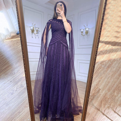 Serene Hill Arabic Purple Elegant Mermaid Cape Sleeves Lace Beaded Evening Dresses Gowns 2025 For Women Wedding Party LA71926 - SERENE HILL