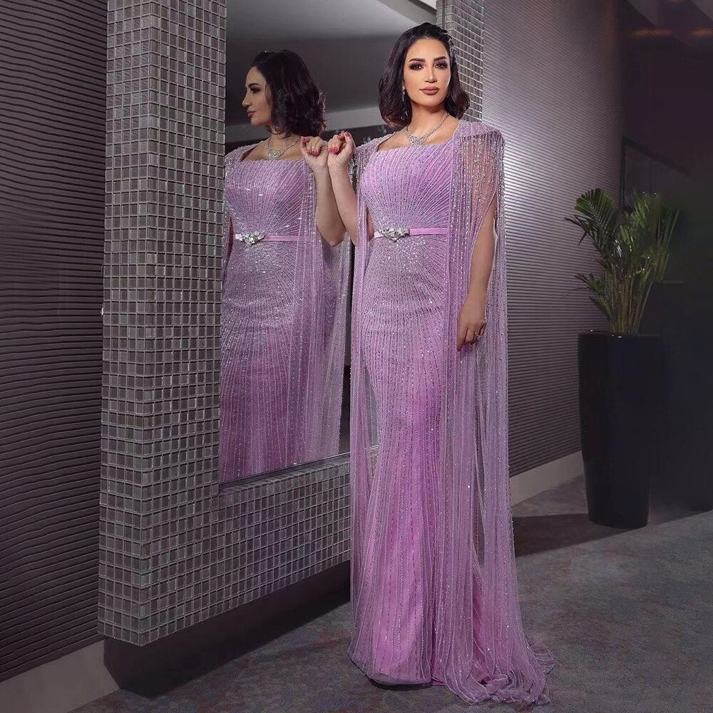Serene Hill Arabic Purple Mermaid Cape Sleeves Beaded Luxury Dubai Long Evening Dresses Gowns For Women Party 2025 LA71009 - SERENE HILL