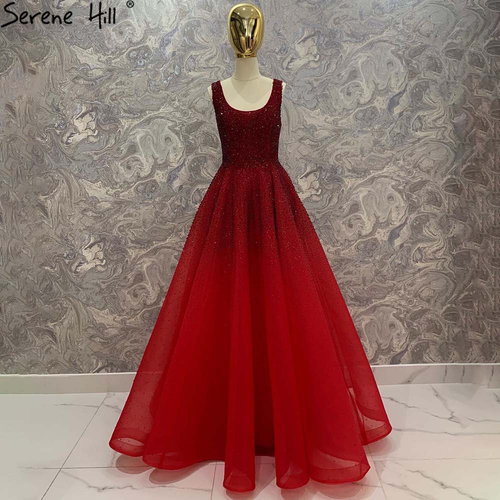 Serene Hill Arabic Red A Line Luxury Crystal Beaded Sexy Dubai Evening Dresses Gowns 2025 For Women Wedding Party LA70232A - SERENE HILL