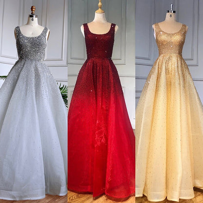 Serene Hill Arabic Red A Line Luxury Crystal Beaded Sexy Dubai Evening Dresses Gowns 2025 For Women Wedding Party LA70232A - SERENE HILL
