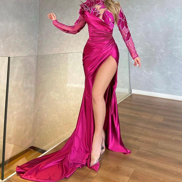 Serene Hill Arabic Rose Red Mermaid Elegant Satin Sexy High Split Evening Dresses Gowns Beaded 2025 For Women Party LA71707