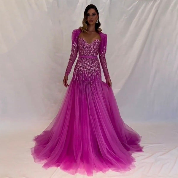 On Sale  no return no refund Serene Hill Arabic Sexy Sweetheart Fuchsia  A Line Long Sleeves Luxury Beaded Evening Dresses Gowns For Women Party 2025 LA71810