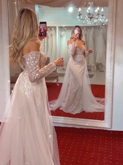 Serene Hill Arabic White Nude Mermaid Elegant Sexy Off The Shoulder Evening Dresses Gowns Luxury Sequined 2025 Party LA71892 - SERENE HILL