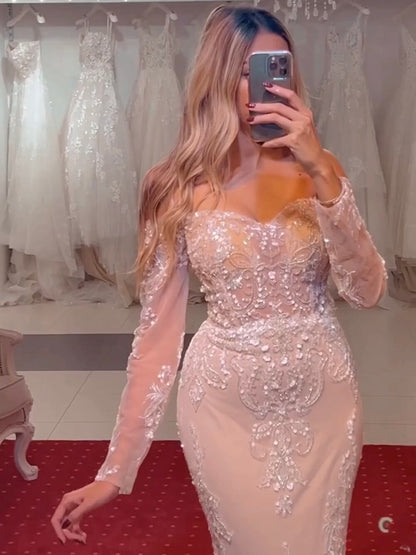 Serene Hill Arabic White Nude Mermaid Elegant Sexy Off The Shoulder Evening Dresses Gowns Luxury Sequined 2025 Party LA71892 - SERENE HILL