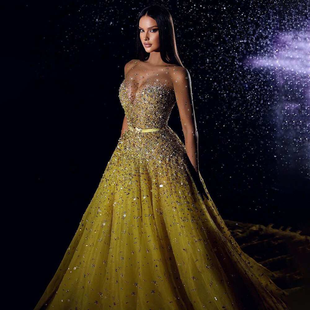 Serene Hill Arabic Yellow Lllusion Sexy High Split Luxury Beaded Dubai Evening Dresses For Women Wedding Party 2025 LA71916 - SERENE HILL