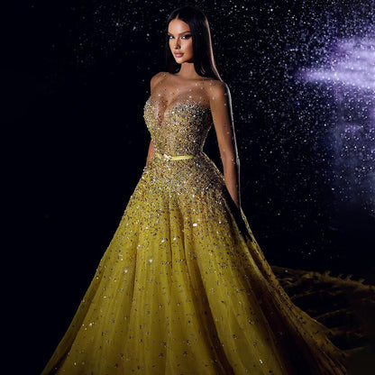 Serene Hill Arabic Yellow Lllusion Sexy High Split Luxury Beaded Dubai Evening Dresses For Women Wedding Party 2025 LA71916 - SERENE HILL