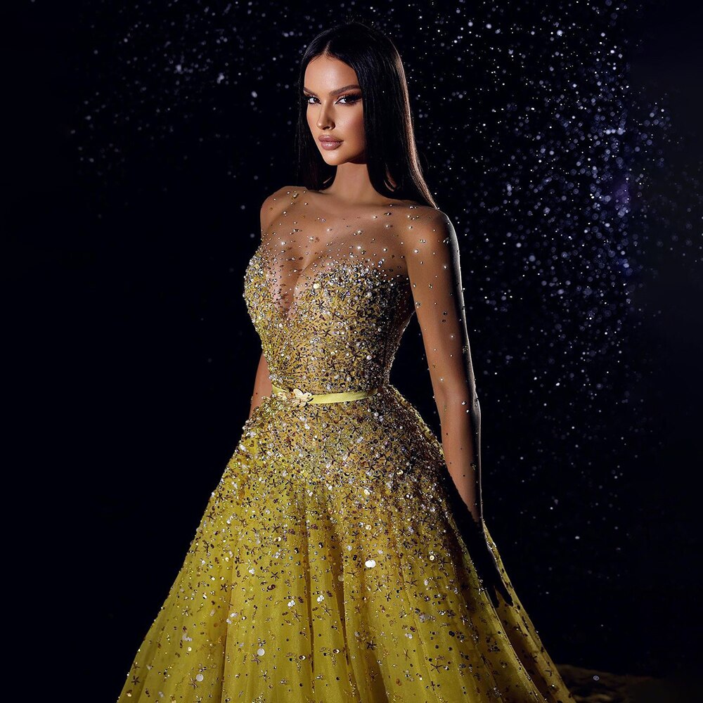 Serene Hill Arabic Yellow Lllusion Sexy High Split Luxury Beaded Dubai Evening Dresses For Women Wedding Party 2025 LA71916 - SERENE HILL