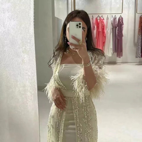 Light Yellow Luxury Feathers Evening Dresses for Wedding Party LA71759