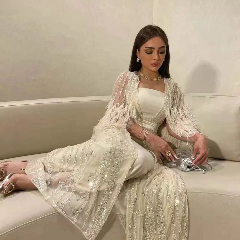 Serene Hill Beaded Feathers A Line Cream Caftan Marocain Femme Eveni –  SERENE HILL