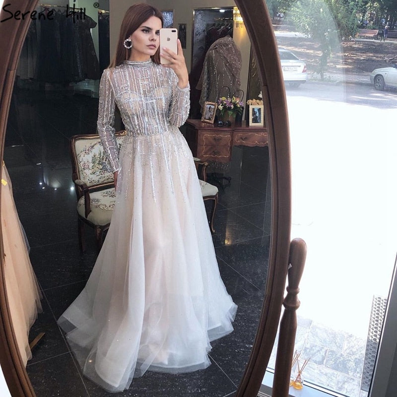 Serene Hill Beading Muslim Long Sleeeves High Co Silver Luxury Evening Dresses Gowns 2025 A-Line Crystal For Women Party LA70514 - SERENE HILL