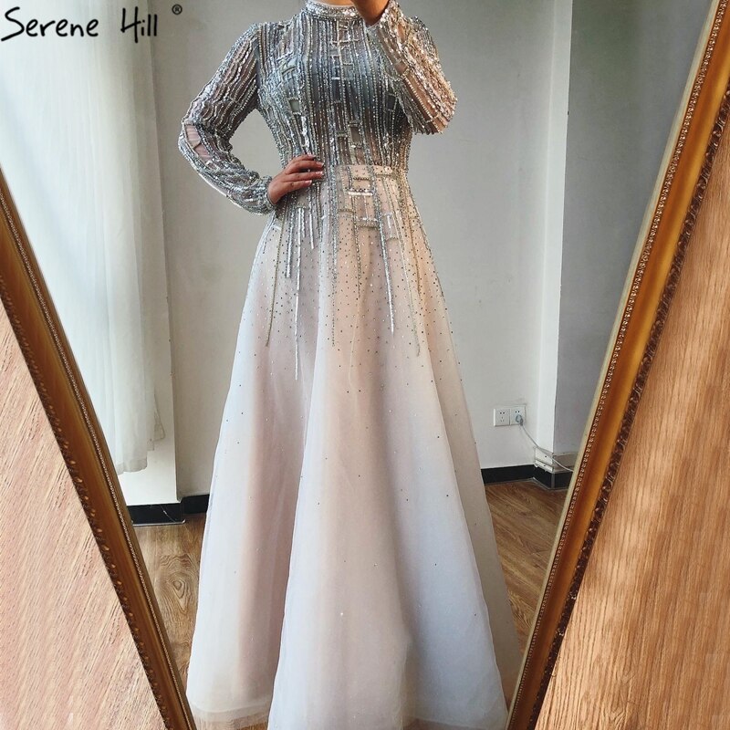 Serene Hill Beading Muslim Long Sleeeves High Co Silver Luxury Evening Dresses Gowns 2025 A-Line Crystal For Women Party LA70514 - SERENE HILL