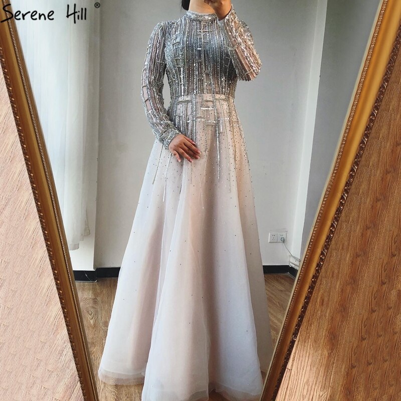 Serene Hill Beading Muslim Long Sleeeves High Co Silver Luxury Evening Dresses Gowns 2025 A-Line Crystal For Women Party LA70514 - SERENE HILL