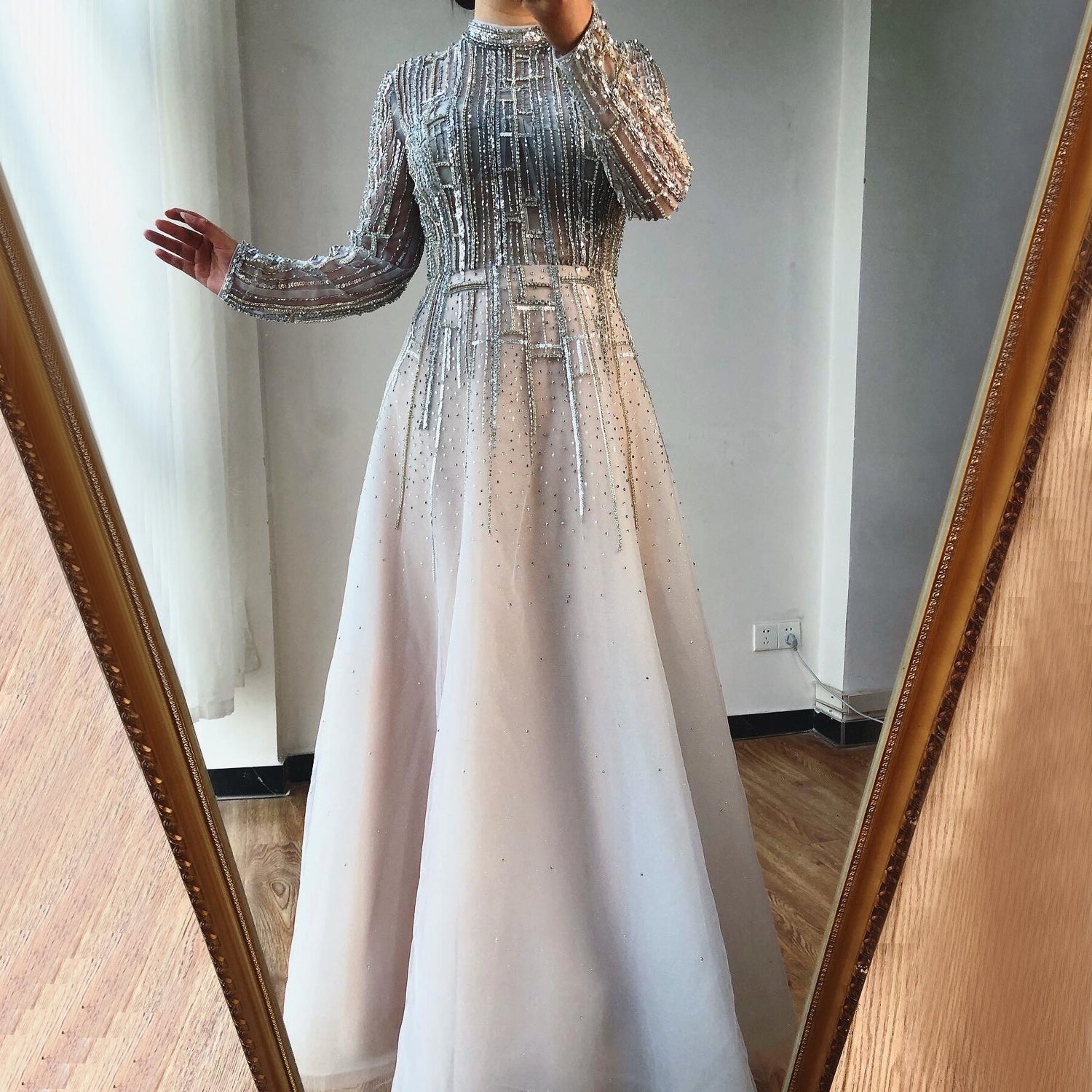 Serene Hill Beading Muslim Long Sleeeves High Co Silver Luxury Evening Dresses Gowns 2025 A-Line Crystal For Women Party LA70514 - SERENE HILL
