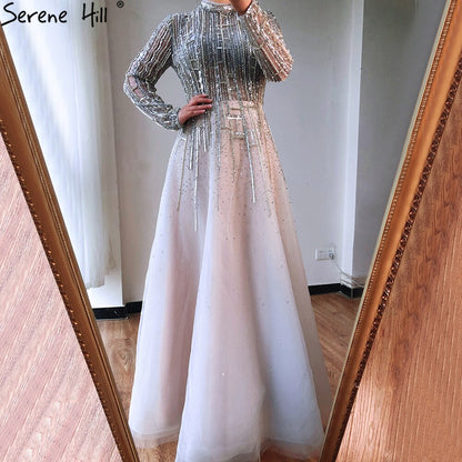 Serene Hill Beading Muslim Long Sleeeves High Co Silver Luxury Evening Dresses Gowns 2025 A-Line Crystal For Women Party LA70514 - SERENE HILL