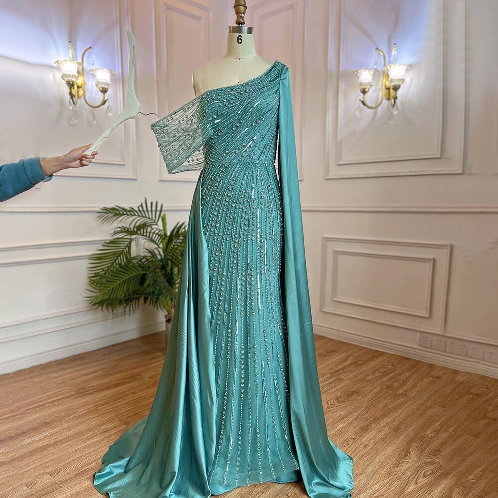 Arabic One Shoulder Mermaid Beige Evening Dress Luxury LA71694 - SERENE HILL