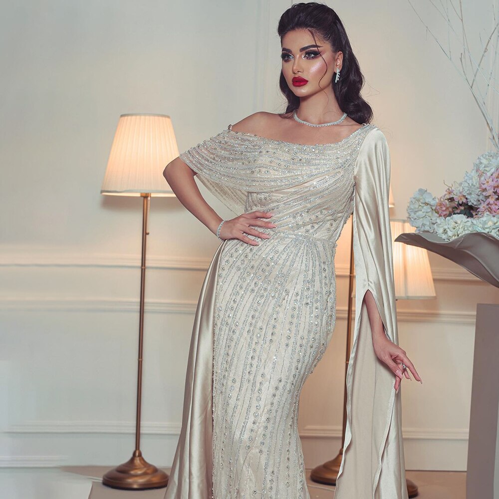 Arabic One Shoulder Mermaid Beige Evening Dress Luxury LA71694 - SERENE HILL