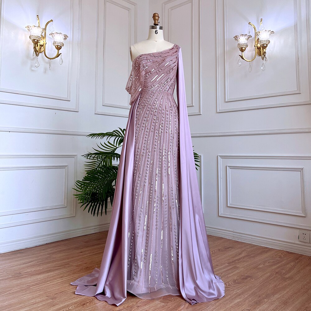 Arabic One Shoulder Mermaid Beige Evening Dress Luxury LA71694 - SERENE HILL
