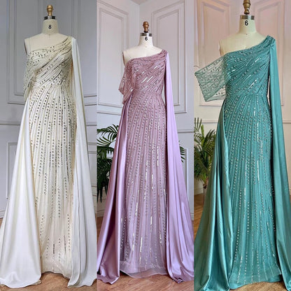 Arabic One Shoulder Mermaid Beige Evening Dress Luxury LA71694 - SERENE HILL