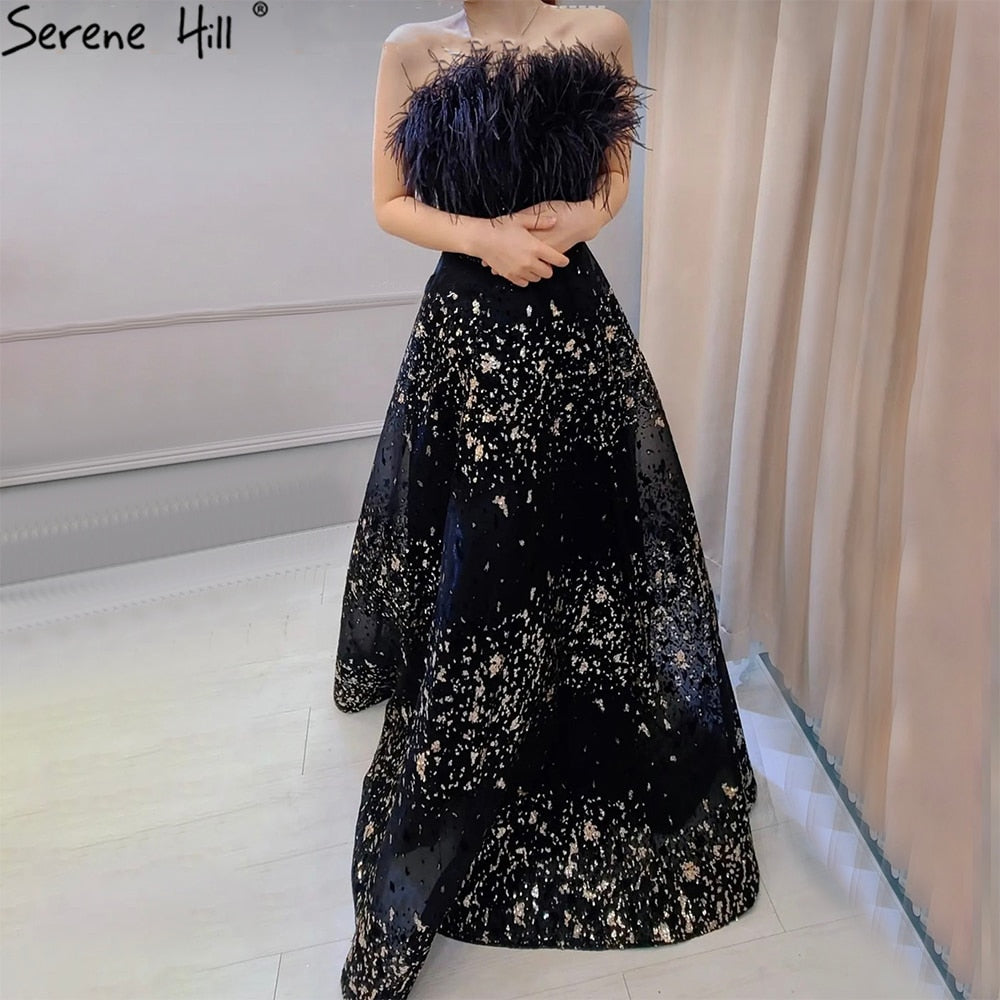 Serene Hill Black A-Line Sexy Evening Dresses Gowns 2025 Feather Beaded Luxury For Women Wedding Party LA71480 - SERENE HILL