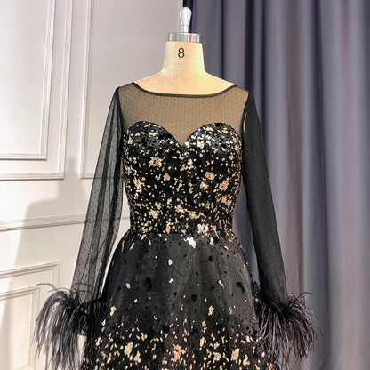 On Sale no return no refund Serene Hill Black A-Line Sexy Evening Dresses Gowns 2025 O-Neck Long Sleeves Feather Luxury For Women Wedding Party LA71480L - SERENE HILL