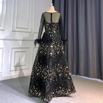 On Sale no return no refund Serene Hill Black A-Line Sexy Evening Dresses Gowns 2025 O-Neck Long Sleeves Feather Luxury For Women Wedding Party LA71480L - SERENE HILL