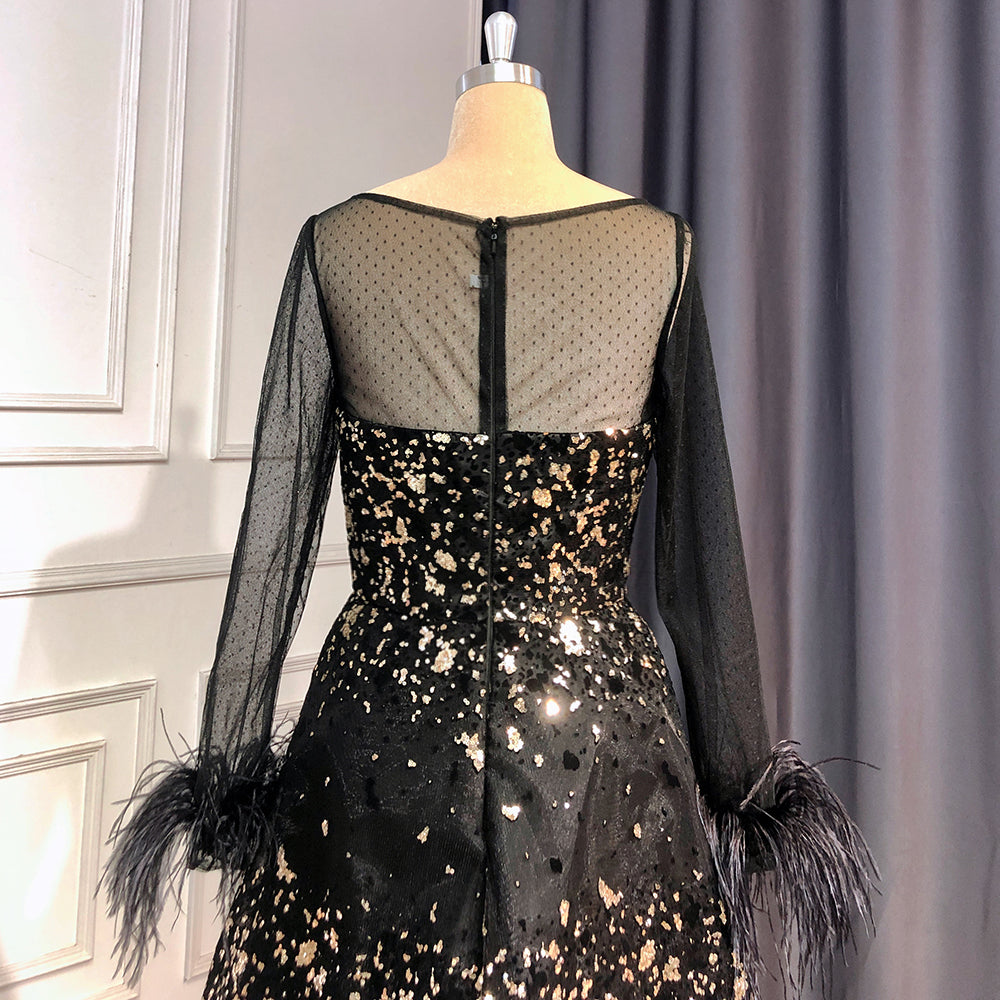 On Sale no return no refund Serene Hill Black A-Line Sexy Evening Dresses Gowns 2025 O-Neck Long Sleeves Feather Luxury For Women Wedding Party LA71480L - SERENE HILL