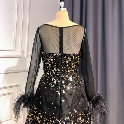 On Sale no return no refund Serene Hill Black A-Line Sexy Evening Dresses Gowns 2025 O-Neck Long Sleeves Feather Luxury For Women Wedding Party LA71480L - SERENE HILL