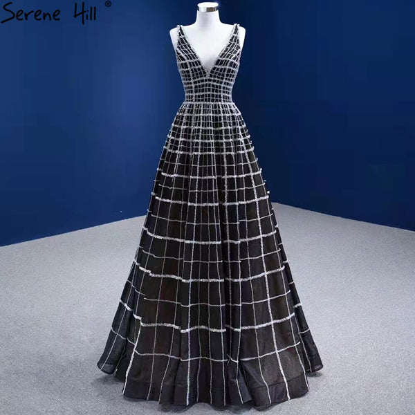 Serene Hill Black Luxury V-Neck Evening Dresses Gowns 2025 A-Line Lace Up For Women Wedding Party HM67405