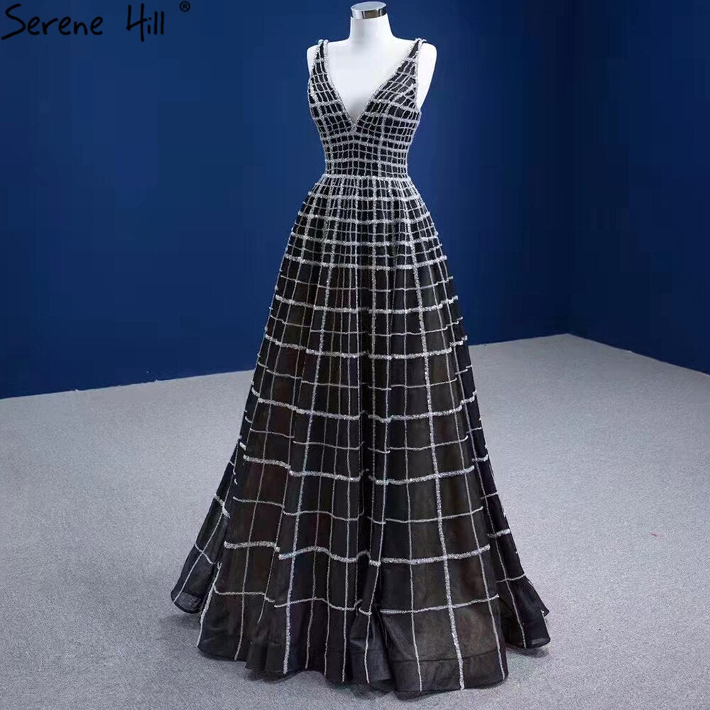 Serene Hill Black Luxury V-Neck Evening Dresses Gowns 2025 A-Line Lace Up For Women Wedding Party HM67405 - SERENE HILL