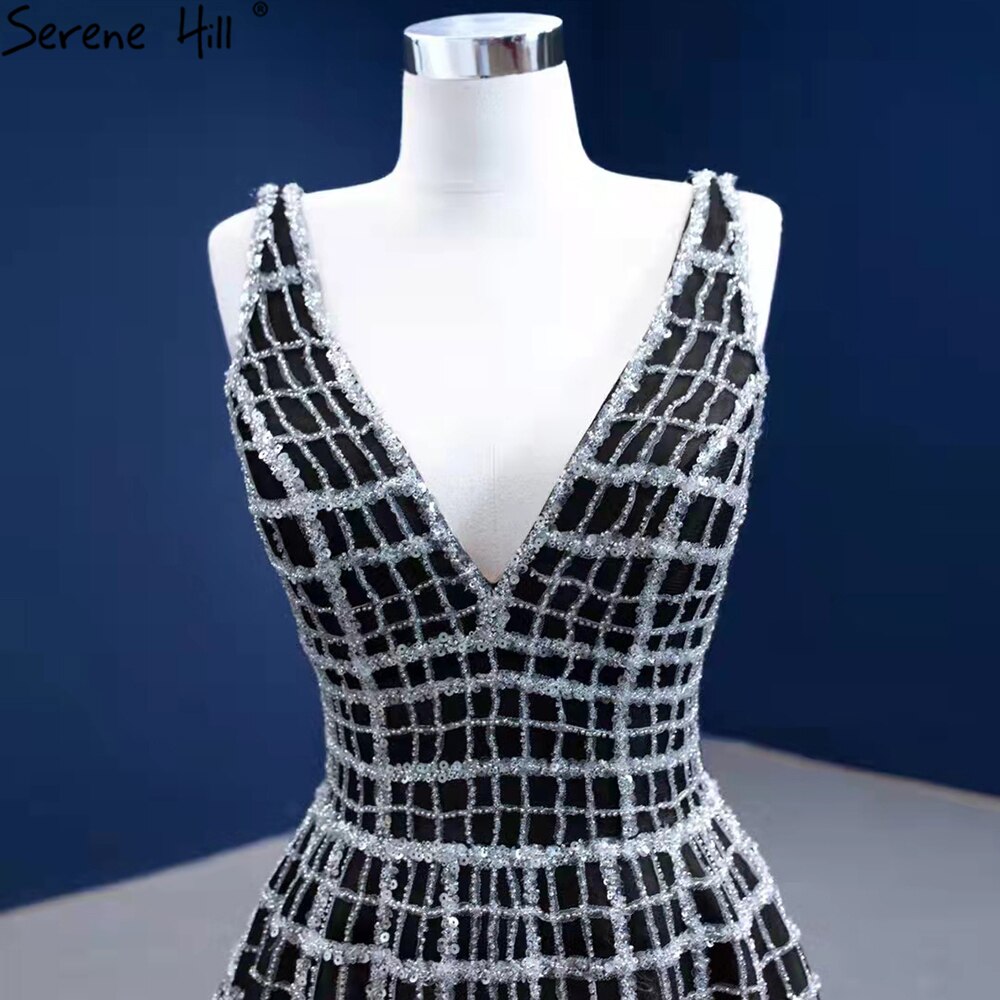 Serene Hill Black Luxury V-Neck Evening Dresses Gowns 2025 A-Line Lace Up For Women Wedding Party HM67405 - SERENE HILL