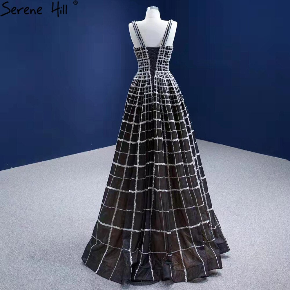 Serene Hill Black Luxury V-Neck Evening Dresses Gowns 2025 A-Line Lace Up For Women Wedding Party HM67405 - SERENE HILL