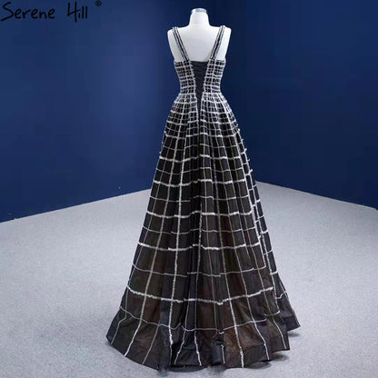 Serene Hill Black Luxury V-Neck Evening Dresses Gowns 2025 A-Line Lace Up For Women Wedding Party HM67405 - SERENE HILL