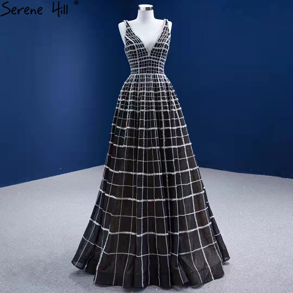Serene Hill Black Luxury V-Neck Evening Dresses Gowns 2025 A-Line Lace Up For Women Wedding Party HM67405 - SERENE HILL