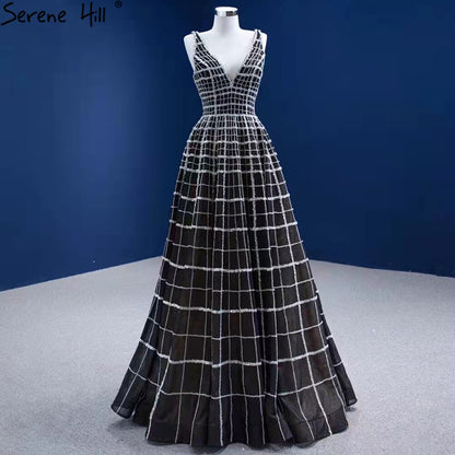Serene Hill Black Luxury V-Neck Evening Dresses Gowns 2025 A-Line Lace Up For Women Wedding Party HM67405 - SERENE HILL