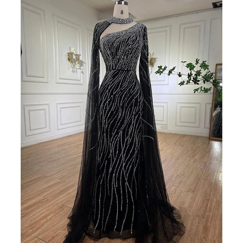 Black Mermaid Elegant Cape Sleeves Beaded Luxury Evening Gown LA72112 - SERENE HILL
