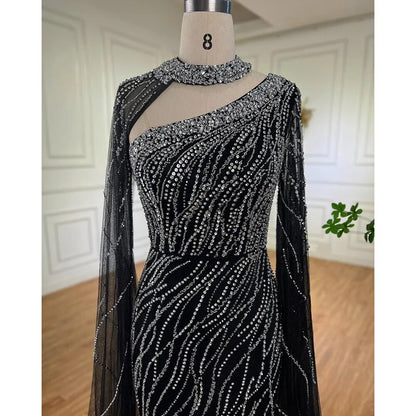 Black Mermaid Elegant Cape Sleeves Beaded Luxury Evening Gown LA72112 - SERENE HILL