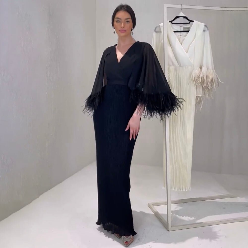 Serene Hill Black Mermaid Elegant Feather Cape Sleeves Morocco Evening Dresses Gowns For Woman Wedding Party 2025 LA71852 - SERENE HILL