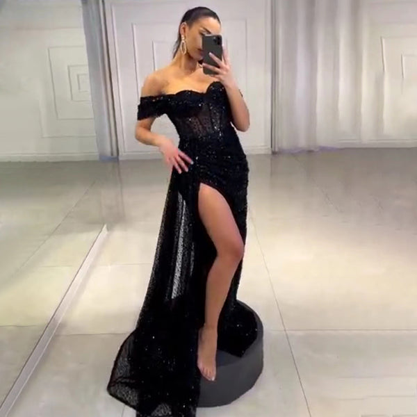 هيل هيل سائدة أسود ميرميد فساتين سهرة عالي انقسام سهرة 2025 الأنيقة المفرطة للنساء حفلة LA71661