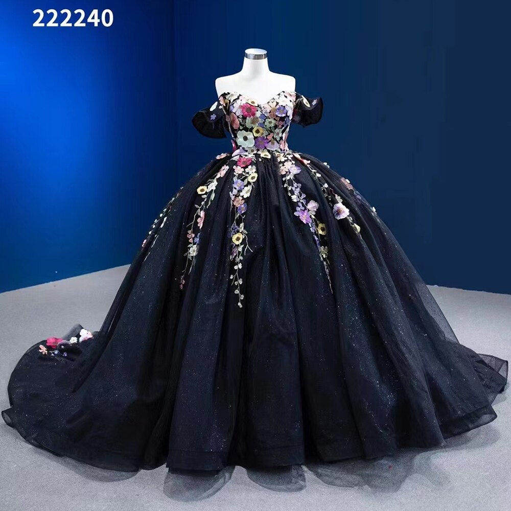 Serene Hill Black Sexy Off Shoulder Luxury Appliques Lace Up Ball Gowns Wedding Dress 2025 High End Custom Made HM222240 Black / Custom Size / 50cm