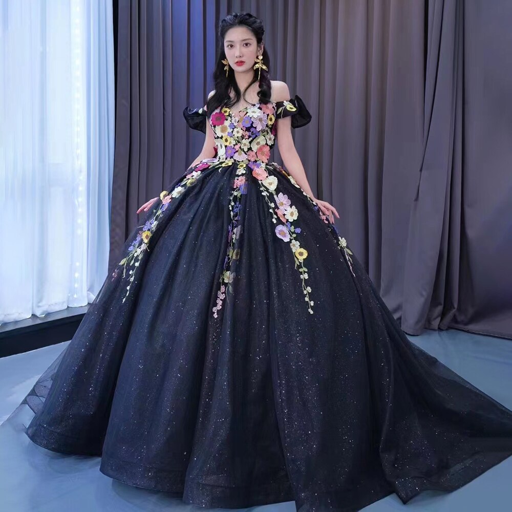 Serene Hill Black Sexy Off Shoulder Luxury Appliques Lace Up Ball Gowns Wedding Dress 2025 High End Custom Made HM222240 Black / Custom Size / 50cm