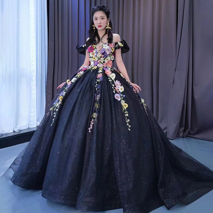 Serene Hill Black Sexy Off Shoulder Luxury Appliques Lace Up Ball Gowns Wedding Dress 2025 High End Custom Made HM222240 - SERENE HILL