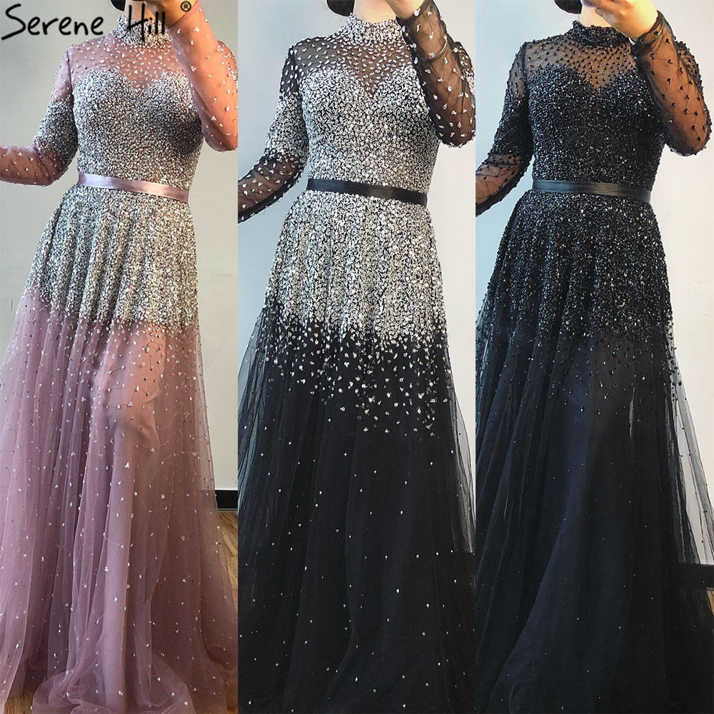 Serene Hill Black Silver A-Line High Neck Evening Dresses Sequined Long Sleeves Sexy Formal 2025 For Women Party LA70066 - SERENE HILL