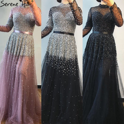 Serene Hill Black Silver A-Line High Neck Evening Dresses Sequined Long Sleeves Sexy Formal 2025 For Women Party LA70066 - SERENE HILL